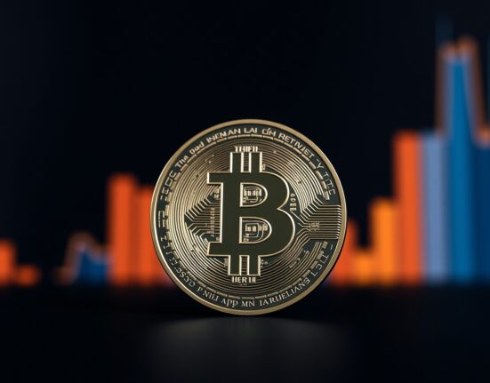 Bitcoin coin centered on dark background with subtle chart lines, representing low volatility and market accumulation.