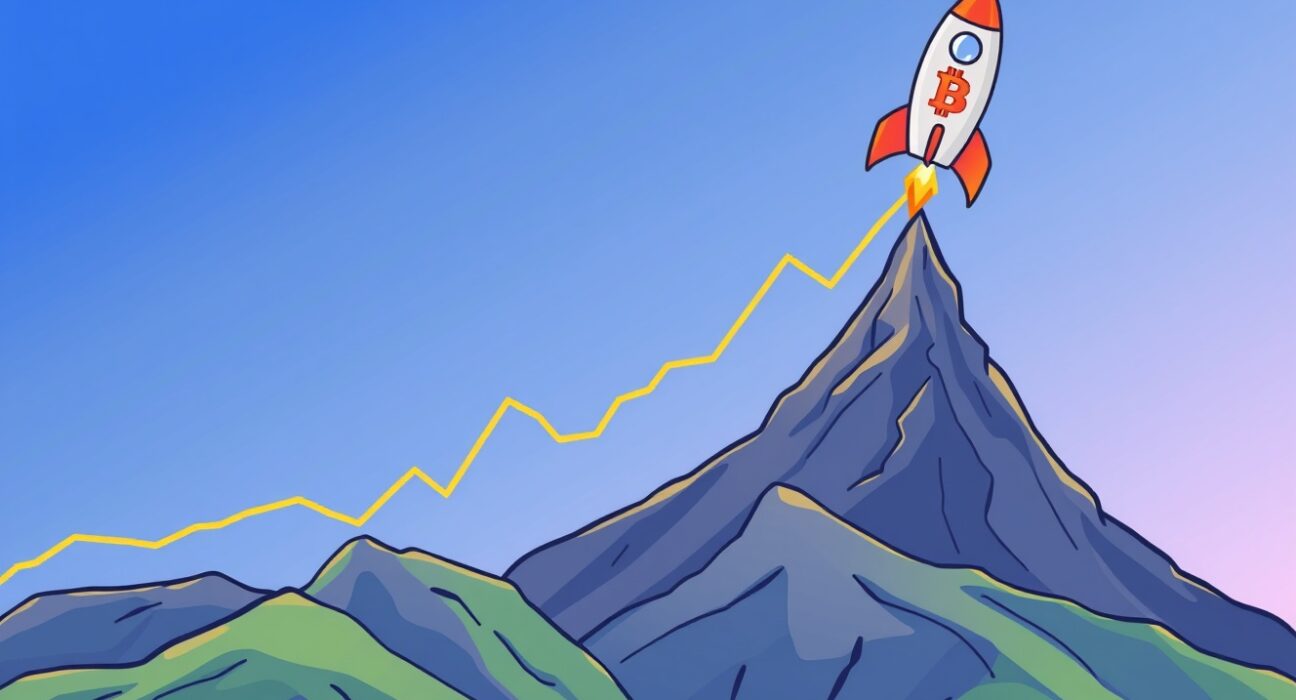 A cartoon illustration depicting low Bitcoin volatility near an all-time high, poised for significant future gains.