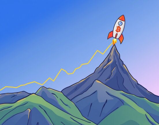 A cartoon illustration depicting low Bitcoin volatility near an all-time high, poised for significant future gains.