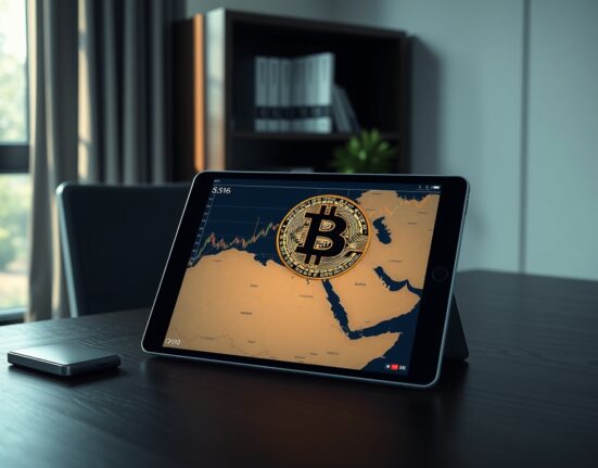 Bitcoin price chart analysis over Middle East geopolitical map showing volatility drivers