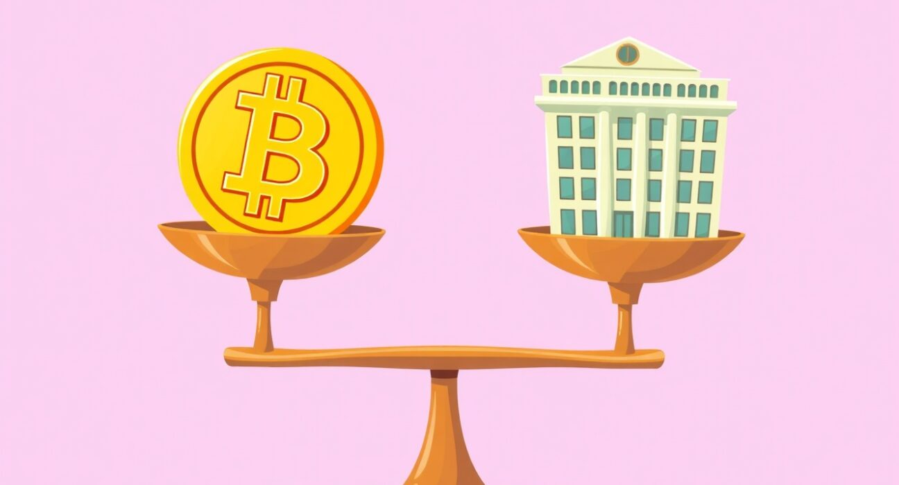 Bitcoin volatility shown as natural market adjustment balancing crypto and traditional finance scales