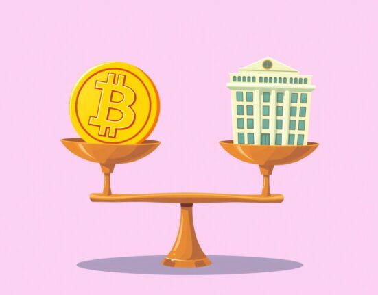 Bitcoin volatility shown as natural market adjustment balancing crypto and traditional finance scales
