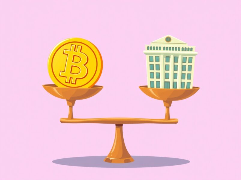 Bitcoin volatility shown as natural market adjustment balancing crypto and traditional finance scales