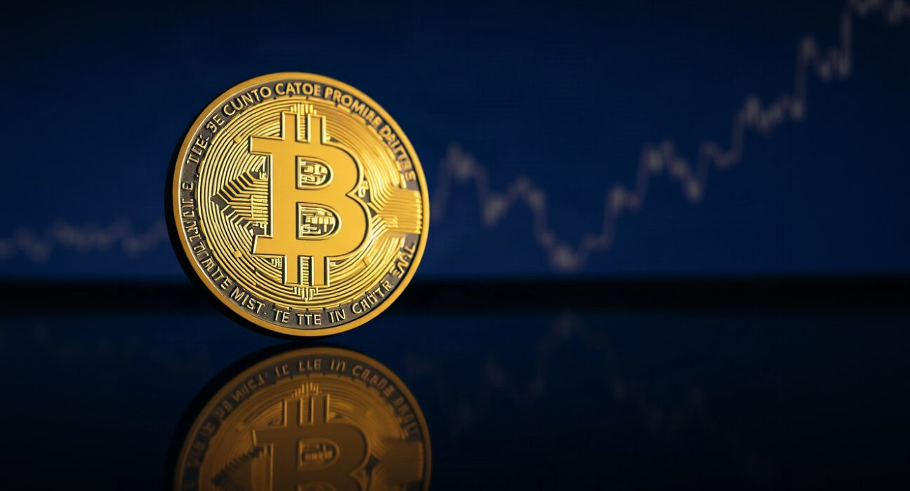 Bitcoin coin with volatility chart in background, symbolizing market calm before potential price move.
