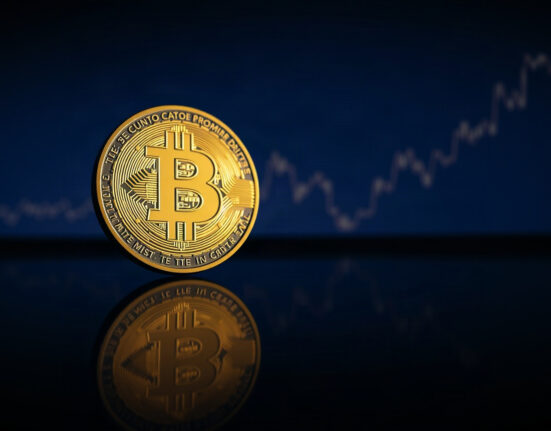 Bitcoin coin with volatility chart in background, symbolizing market calm before potential price move.