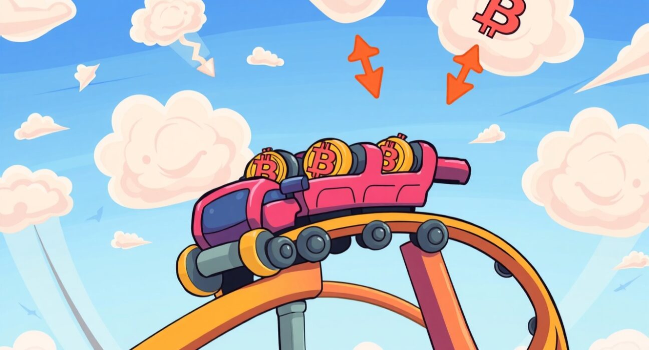 Bitcoin Volatility Index illustrated as a fun roller coaster ride symbolizing market ups and downs