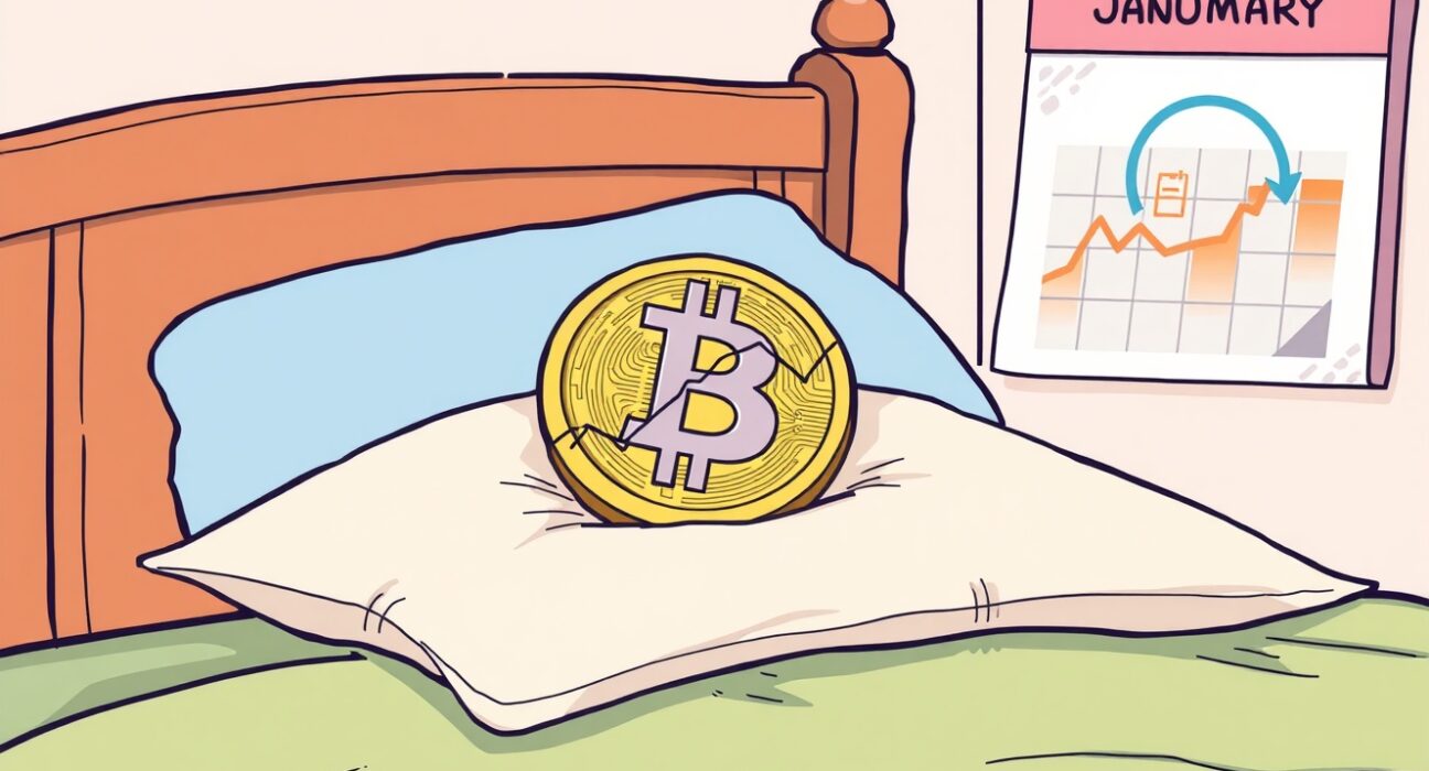 A cartoon Bitcoin sleeping on a flat line graph, symbolizing low Bitcoin volatility and a quiet market.