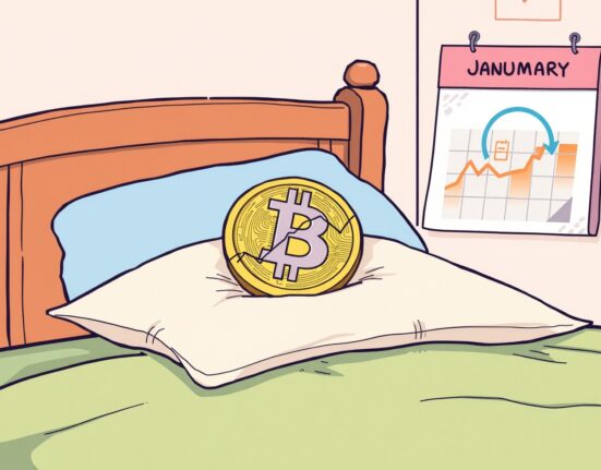 A cartoon Bitcoin sleeping on a flat line graph, symbolizing low Bitcoin volatility and a quiet market.