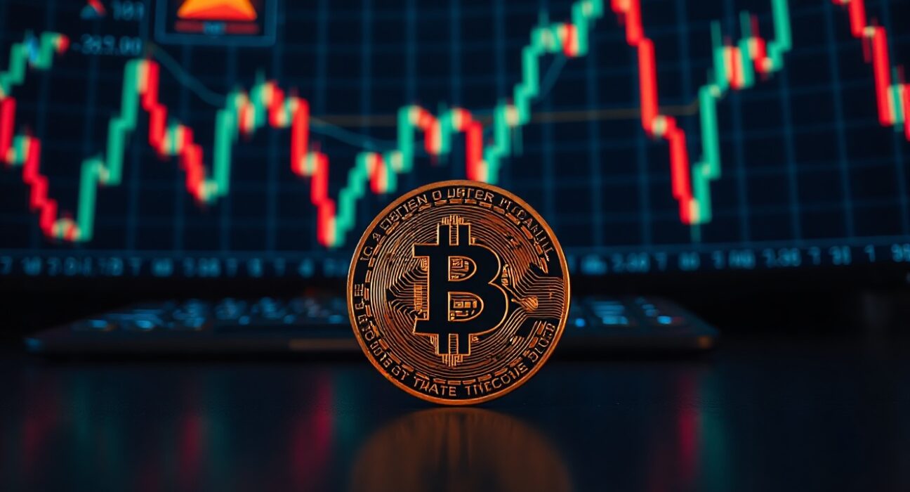 Bitcoin coin in focus with candlestick chart showing symmetrical triangle pattern in background