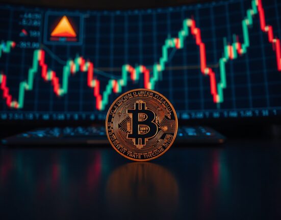 Bitcoin coin in focus with candlestick chart showing symmetrical triangle pattern in background