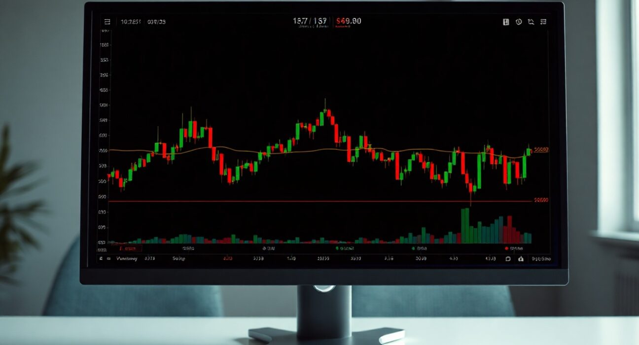 Bitcoin price chart on a trading screen showing low volatility