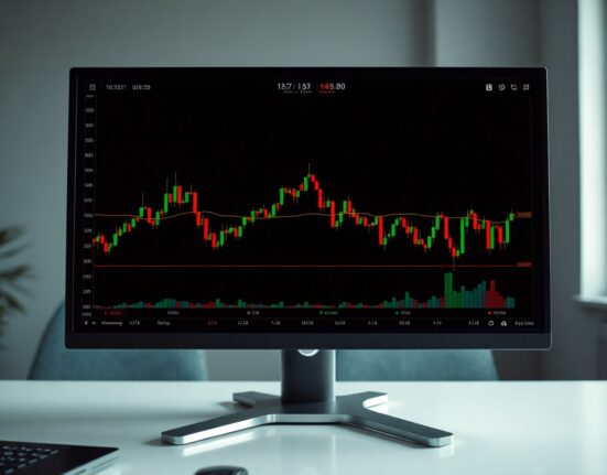 Bitcoin price chart on a trading screen showing low volatility