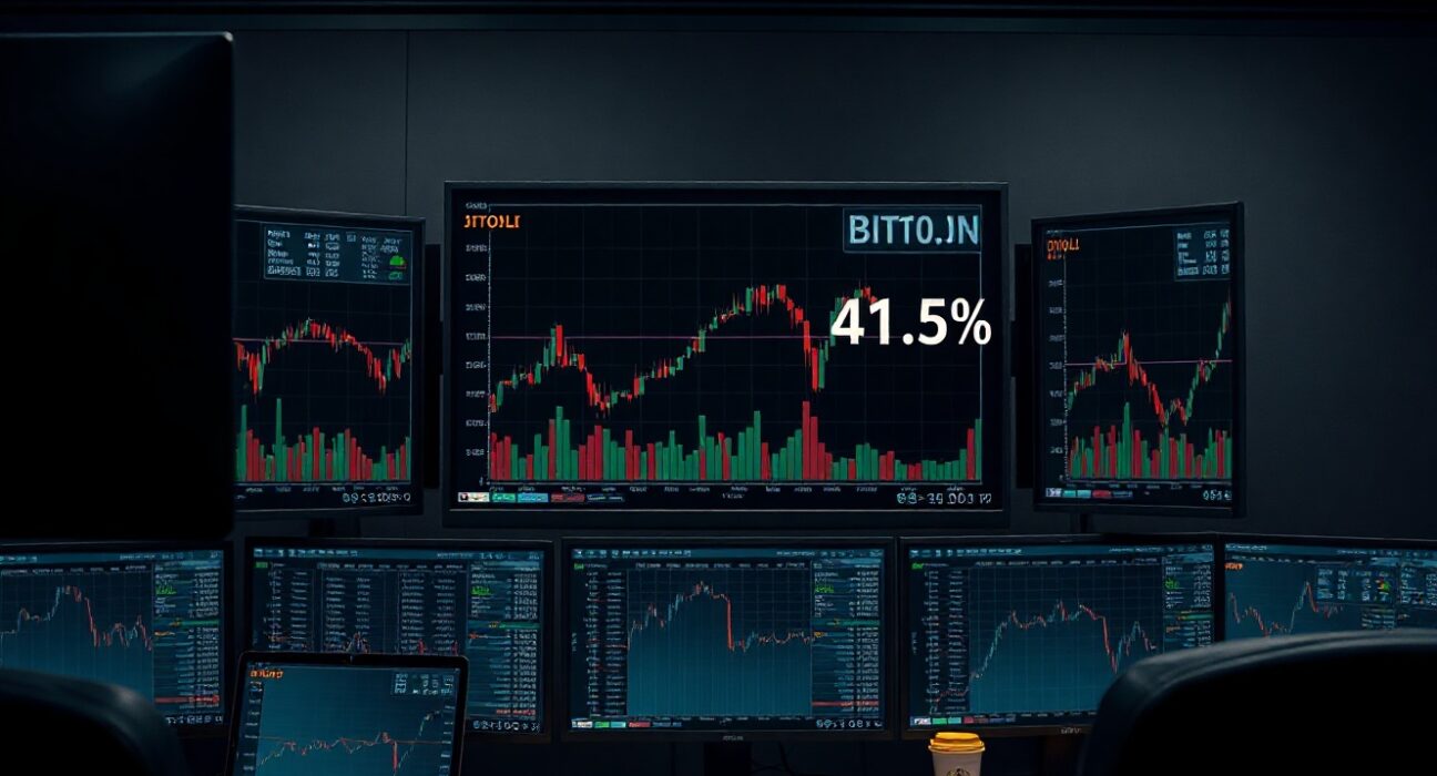 Trading desk monitors showing Bitcoin price and DVOL volatility index at 41.5%