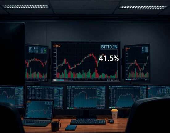 Trading desk monitors showing Bitcoin price and DVOL volatility index at 41.5%