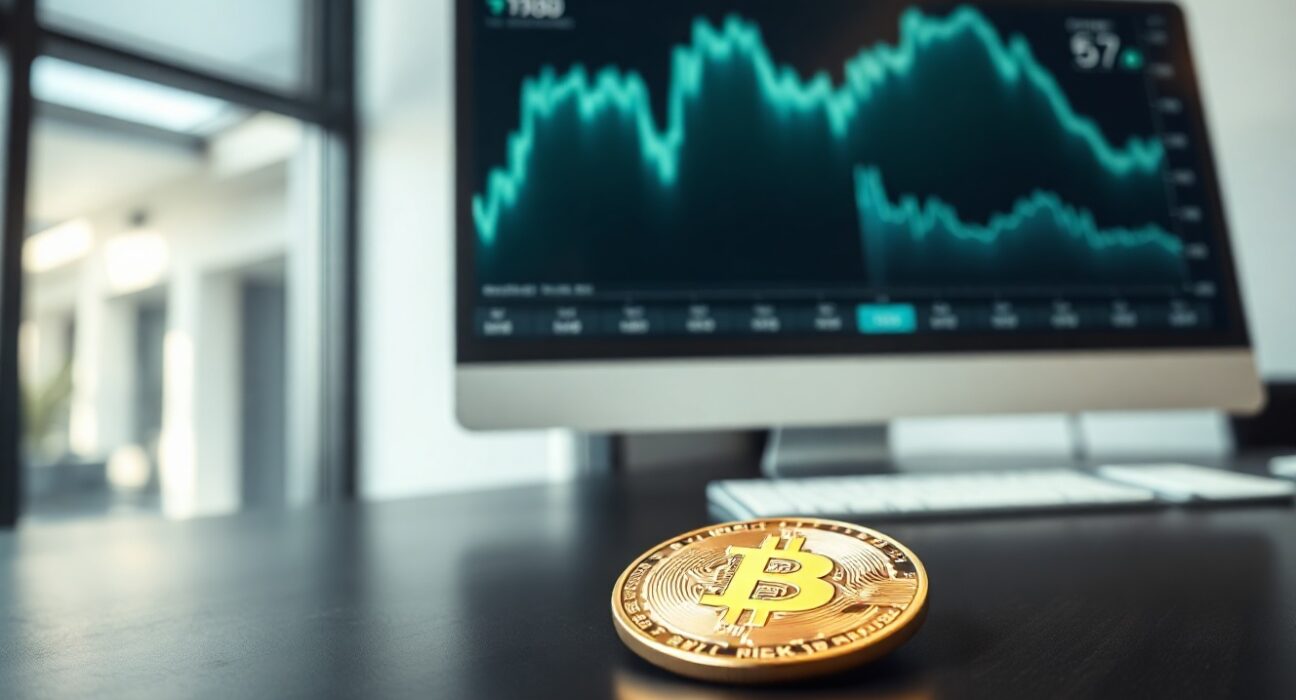 Bitcoin coin on desk with monitor showing volatility chart in background