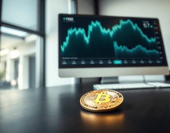 Bitcoin coin on desk with monitor showing volatility chart in background