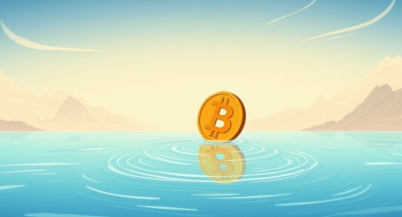 A calm Bitcoin symbol on still water, representing low Bitcoin volatility before a significant market shift.