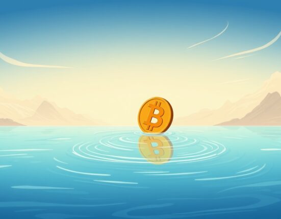A calm Bitcoin symbol on still water, representing low Bitcoin volatility before a significant market shift.