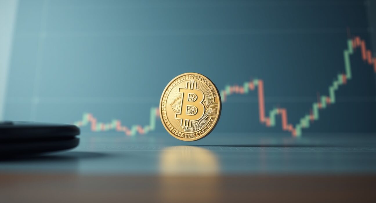 Bitcoin coin on financial chart background representing market volatility and macro events