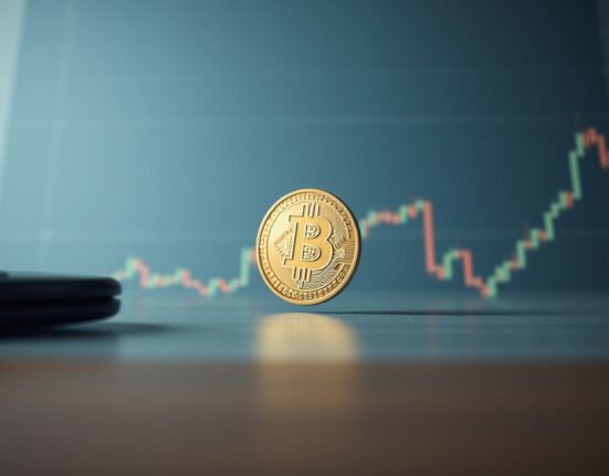 Bitcoin coin on financial chart background representing market volatility and macro events