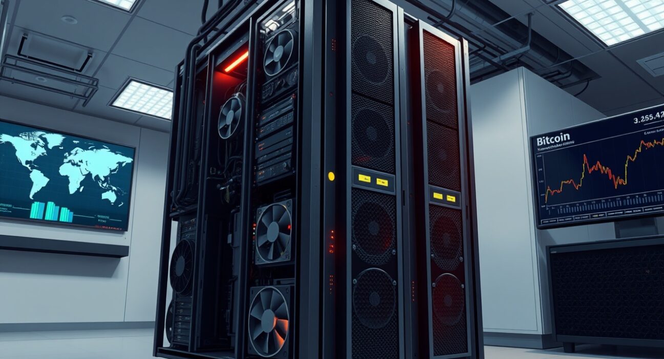 Bitcoin mining rig in data center with economic indicators showing volatility impact on cryptocurrency mining.