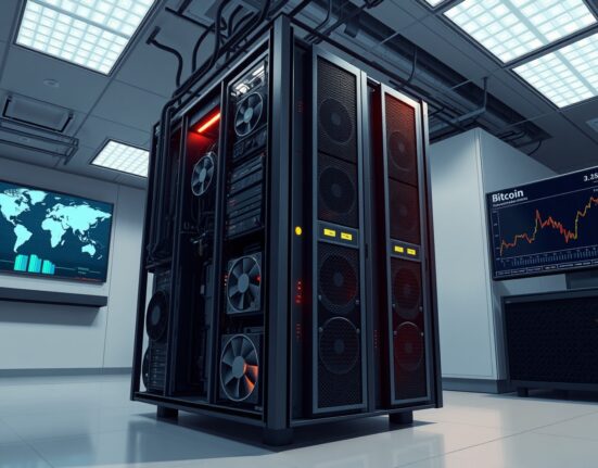 Bitcoin mining rig in data center with economic indicators showing volatility impact on cryptocurrency mining.