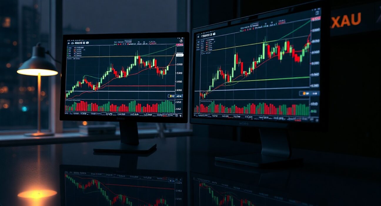 Bitcoin and gold price charts on trading screens showing converging volatility trends