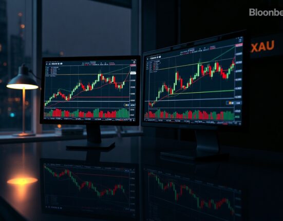 Bitcoin and gold price charts on trading screens showing converging volatility trends