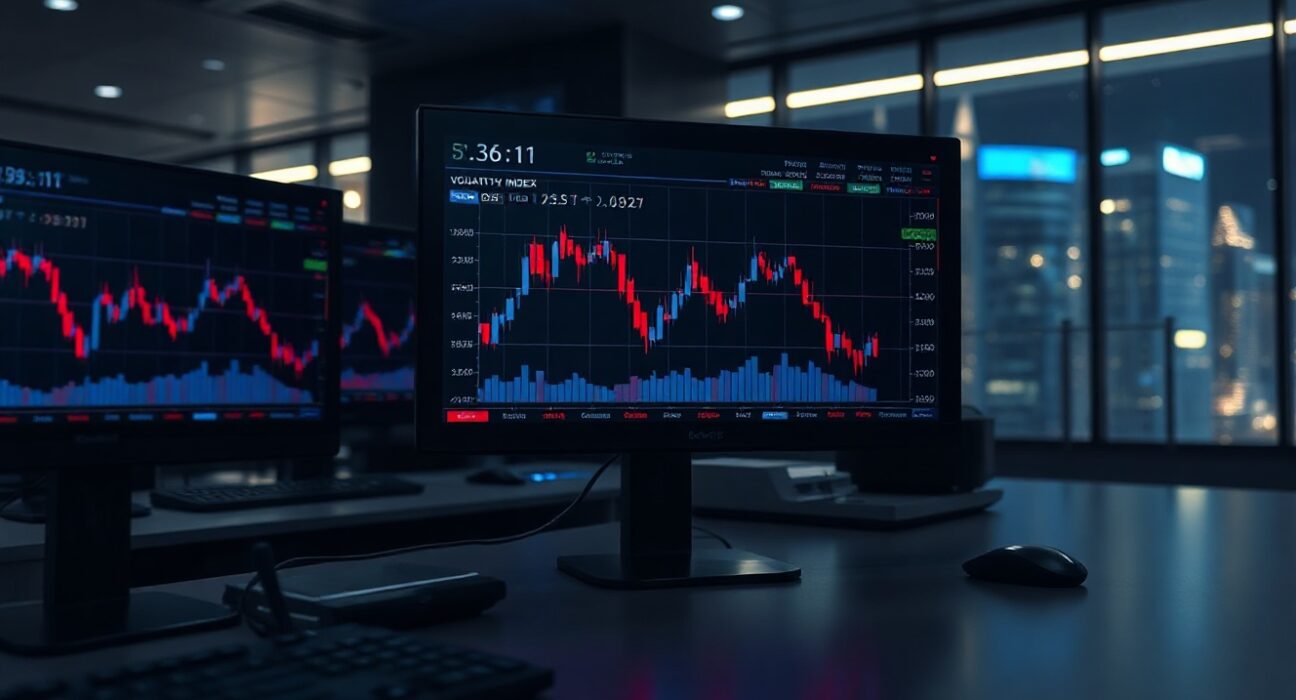 Bitcoin price charts and volatility index at a modern trading desk with dim ambient lighting