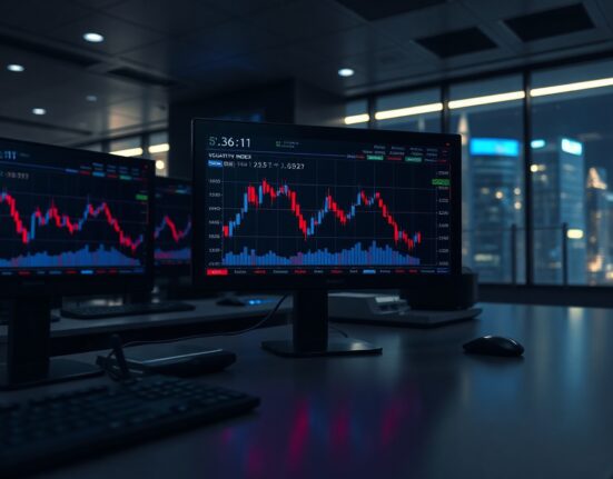 Bitcoin price charts and volatility index at a modern trading desk with dim ambient lighting
