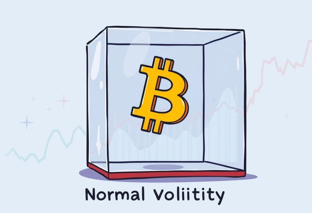 An illustration showing Bitcoin volatility as normal market swings, with a Bitcoin symbol bouncing calmly within boundaries.