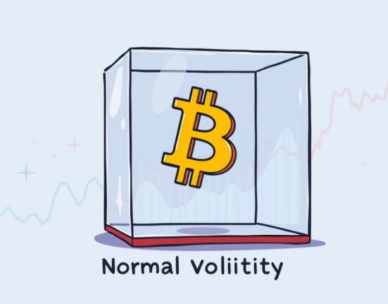 An illustration showing Bitcoin volatility as normal market swings, with a Bitcoin symbol bouncing calmly within boundaries.