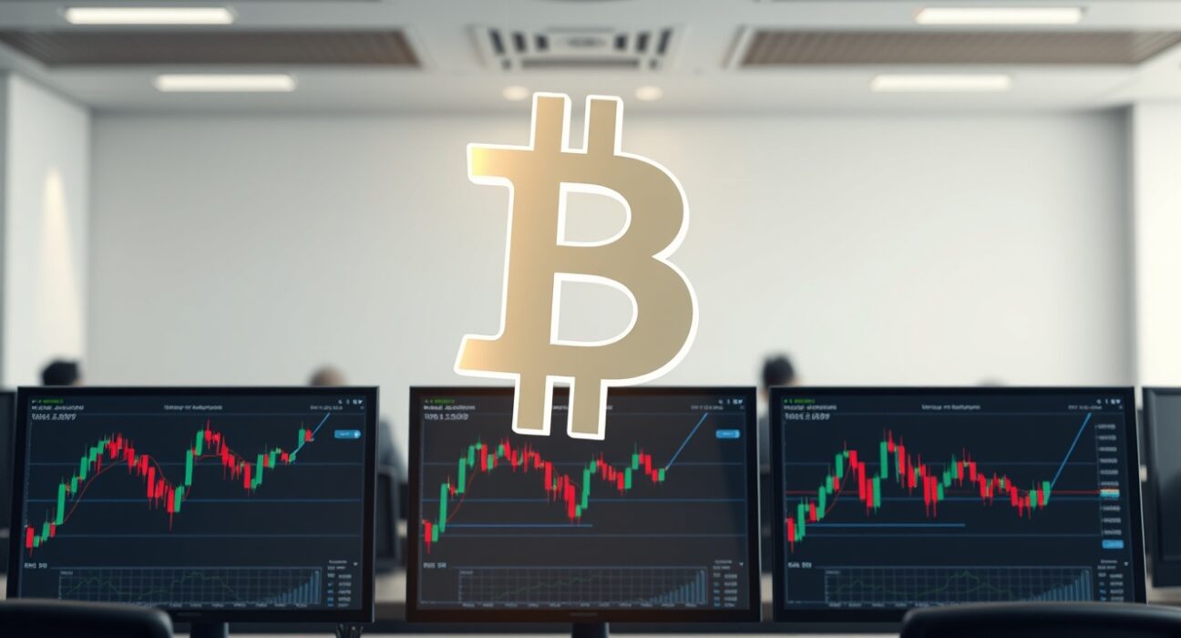 Bitcoin symbol above trading desk showing cryptocurrency price volatility and market analysis data.
