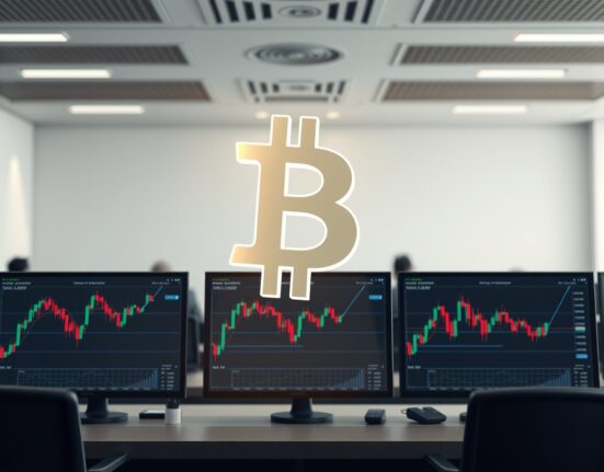 Bitcoin symbol above trading desk showing cryptocurrency price volatility and market analysis data.