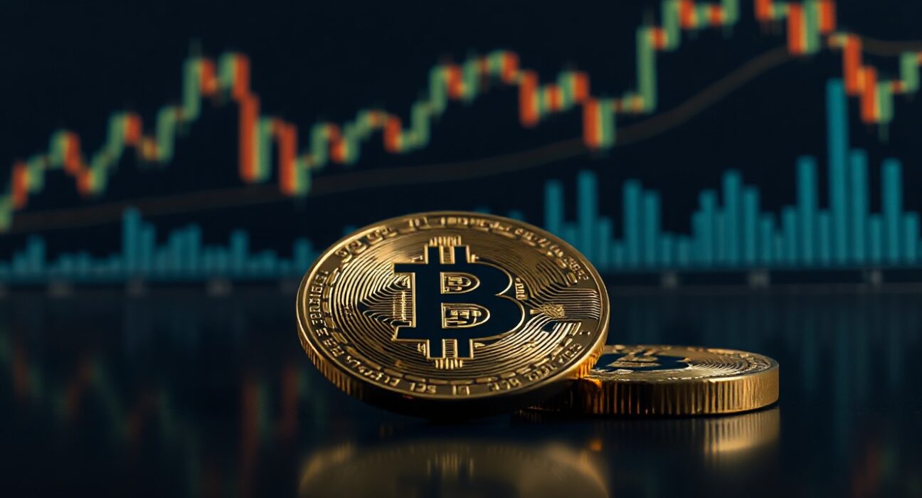 Bitcoin coin on reflective surface with price chart background, illustrating market volatility near $63K