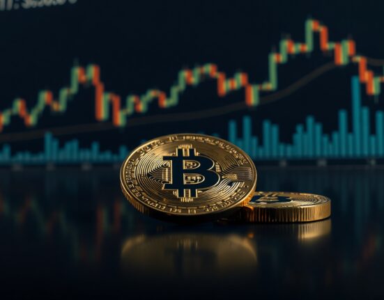 Bitcoin coin on reflective surface with price chart background, illustrating market volatility near $63K