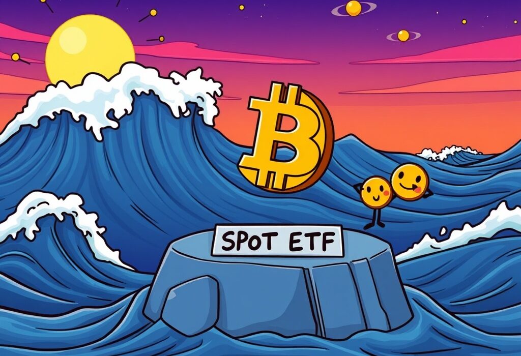 A cartoon image illustrating how spot BTC ETFs are bringing unprecedented stability and reduced Bitcoin volatility to the crypto market.
