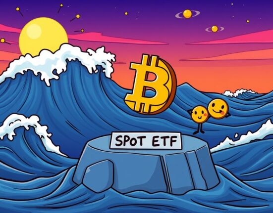 A cartoon image illustrating how spot BTC ETFs are bringing unprecedented stability and reduced Bitcoin volatility to the crypto market.