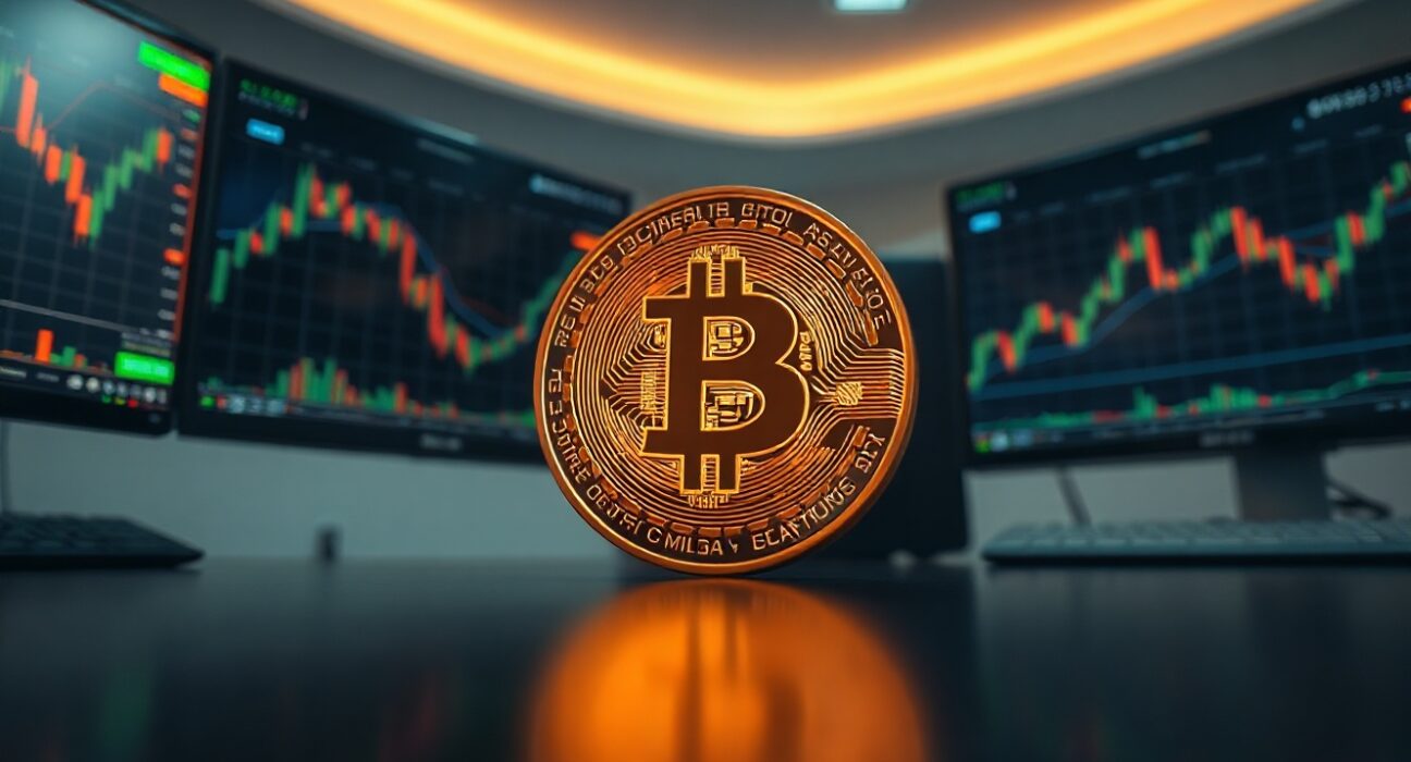 Bitcoin coin on a trading desk with charts in background, representing low volatility and market uncertainty.