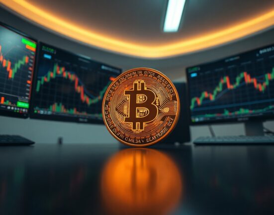 Bitcoin coin on a trading desk with charts in background, representing low volatility and market uncertainty.