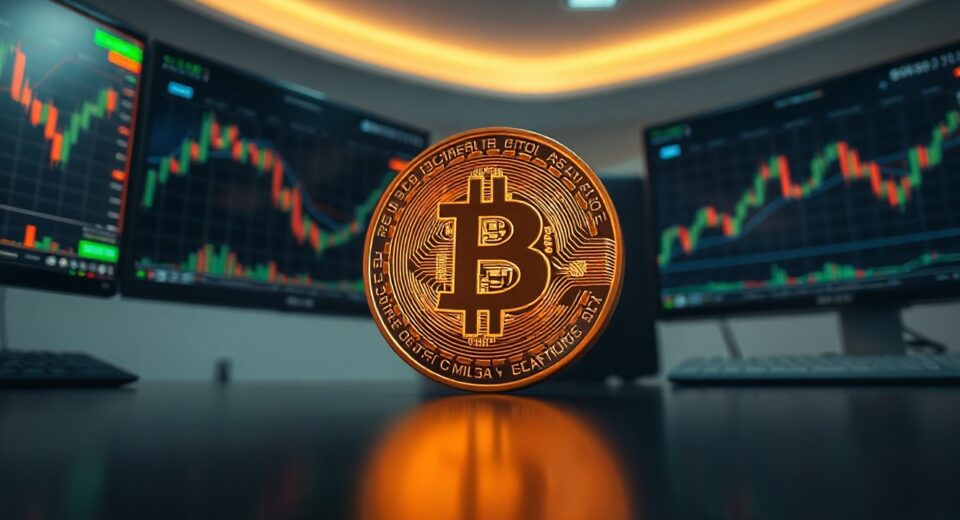 Bitcoin coin on a trading desk with charts in background, representing low volatility and market uncertainty.