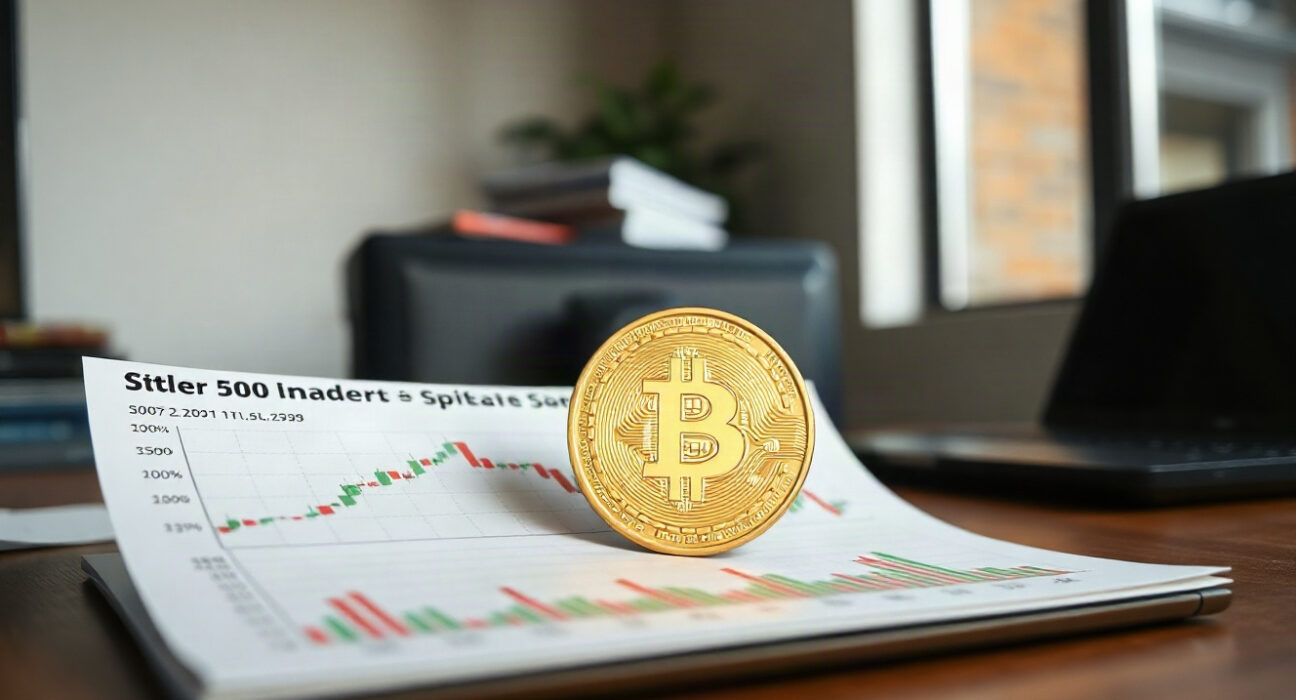 Bitcoin coin beside a stock market chart representing S&P 500 performance