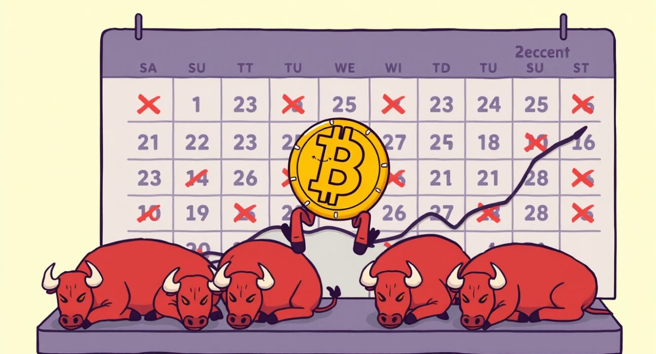 Deflated Bitcoin character on flat graph illustrating collapsed Bitcoin volatility and lost rally hopes.