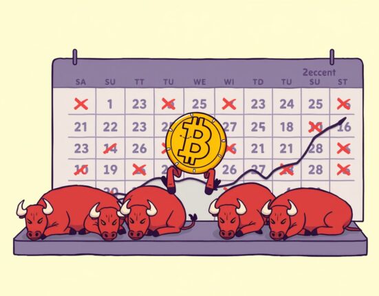 Deflated Bitcoin character on flat graph illustrating collapsed Bitcoin volatility and lost rally hopes.