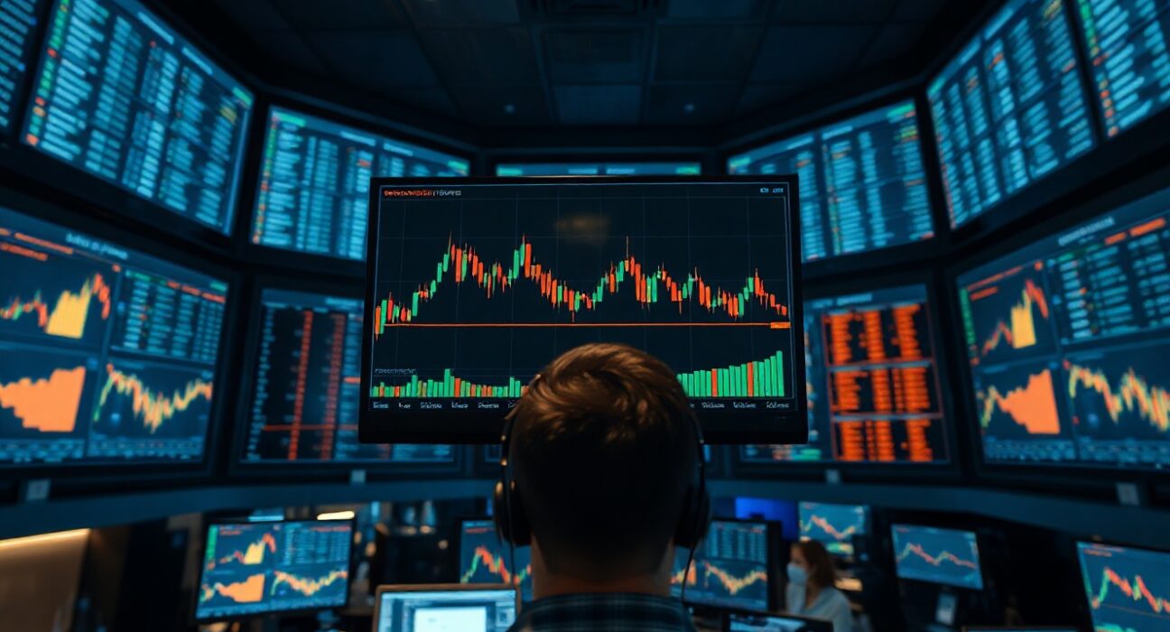 Trading floor monitors showing Bitcoin price charts with low volatility and volume