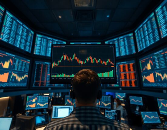 Trading floor monitors showing Bitcoin price charts with low volatility and volume
