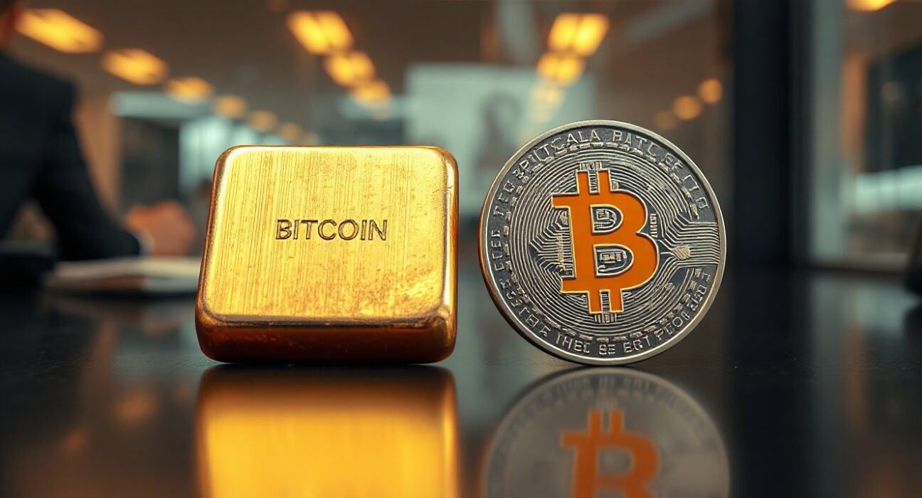 Bitcoin coin and gold bar side by side on reflective surface
