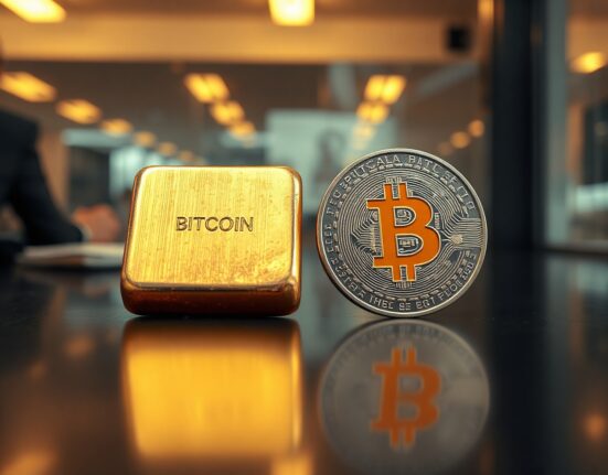 Bitcoin coin and gold bar side by side on reflective surface