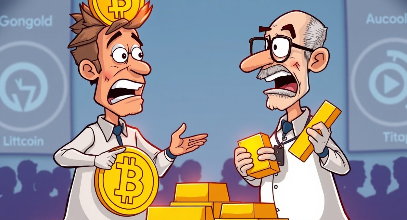 A cartoon illustration of Changpeng Zhao and Peter Schiff debating the merits of Bitcoin vs Gold, highlighting the digital vs traditional finance clash.