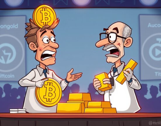A cartoon illustration of Changpeng Zhao and Peter Schiff debating the merits of Bitcoin vs Gold, highlighting the digital vs traditional finance clash.